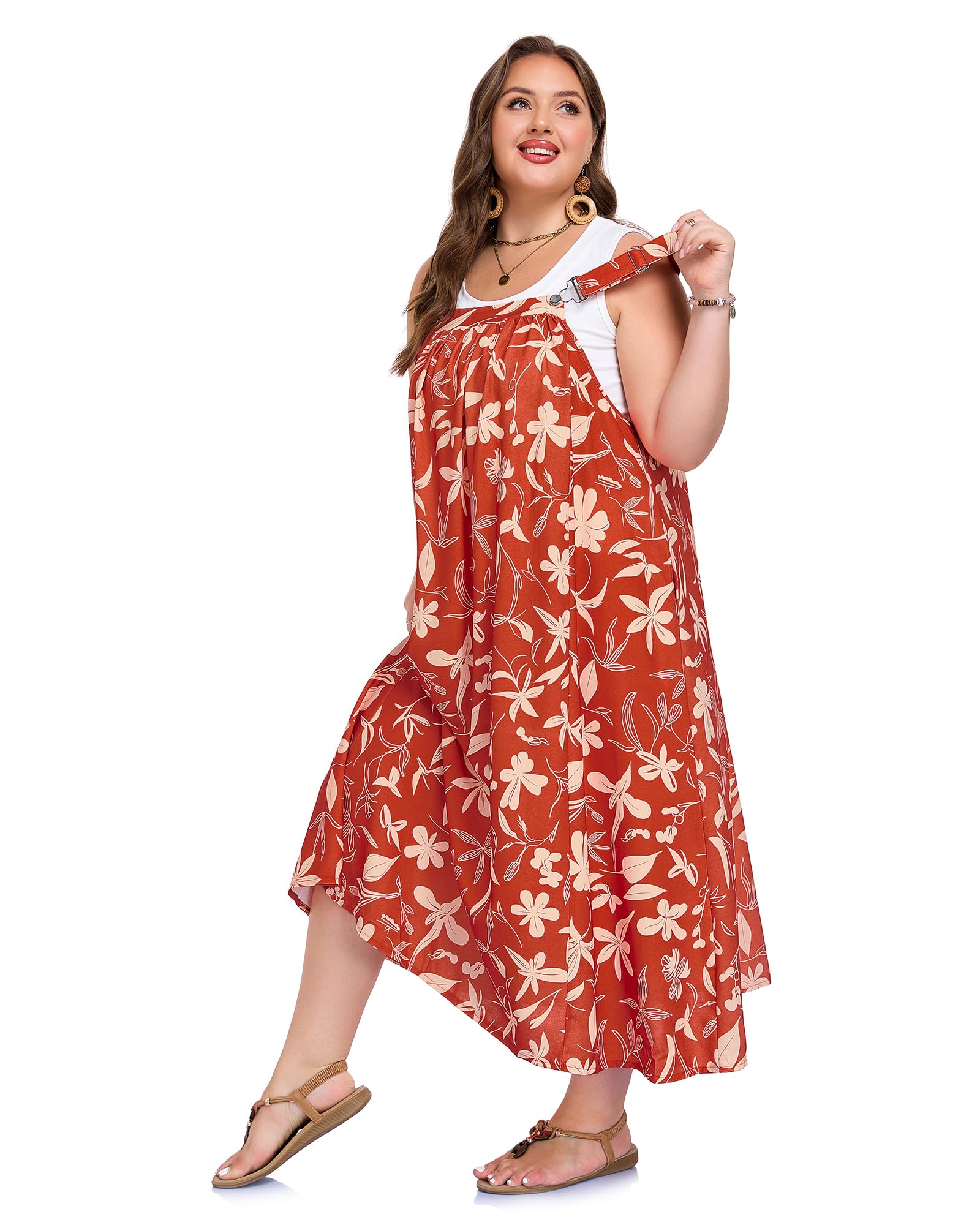 Plus Size Overall Dress Flowy A-Line - Red Yellow Floral, XXL Plus Size Overall Dress Flowy A-Line - Red Yellow Floral, XXL