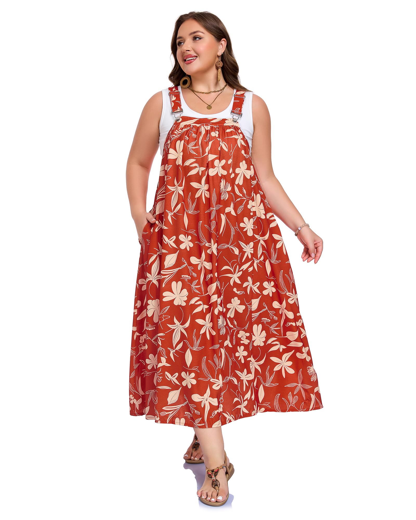 Plus Size Overall Dress Flowy A-Line - Red Yellow Floral, XXL Plus Size Overall Dress Flowy A-Line - Red Yellow Floral, XXL