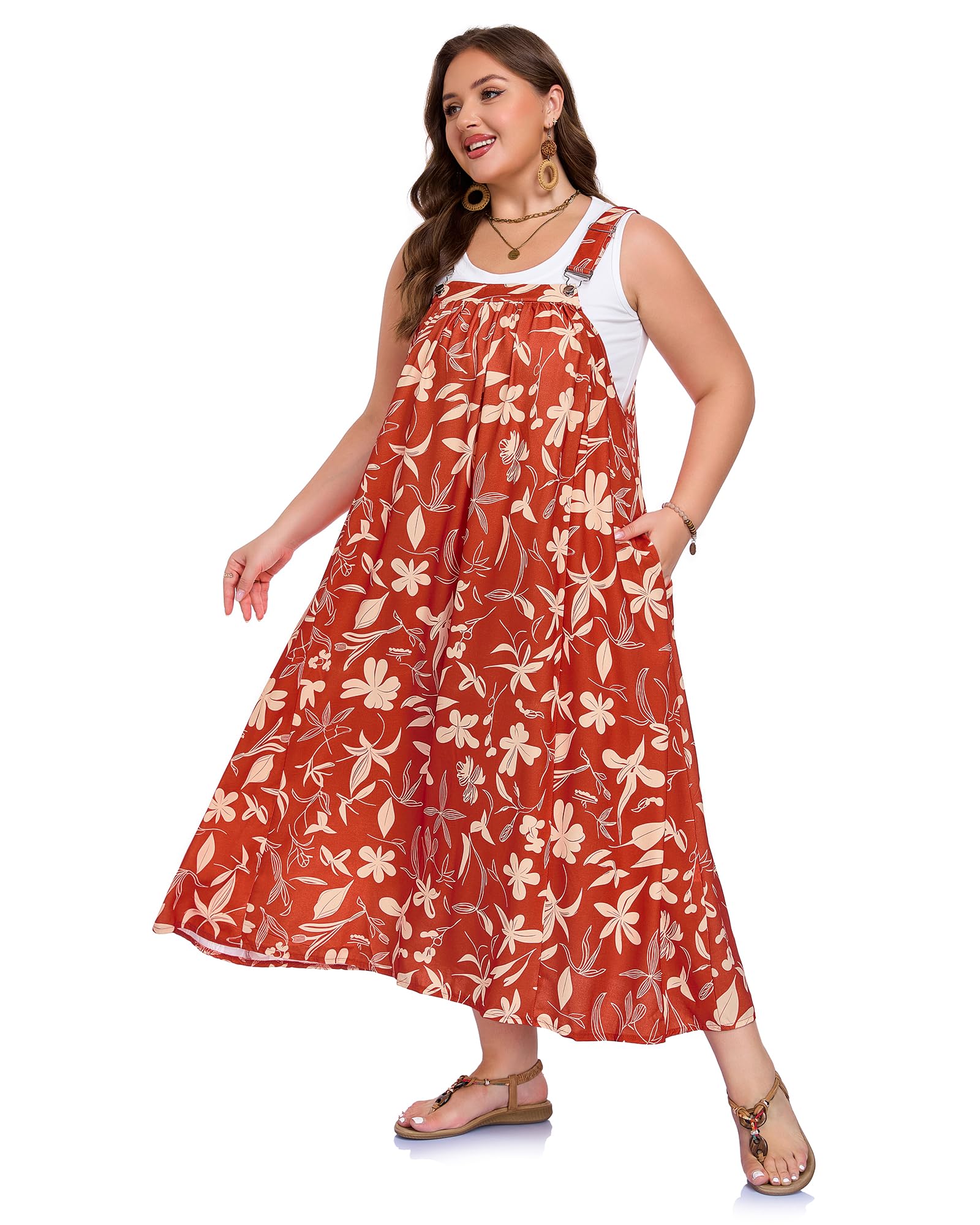 Plus Size Overall Dress Flowy A-Line - Red Yellow Floral, XXL Plus Size Overall Dress Flowy A-Line - Red Yellow Floral, XXL