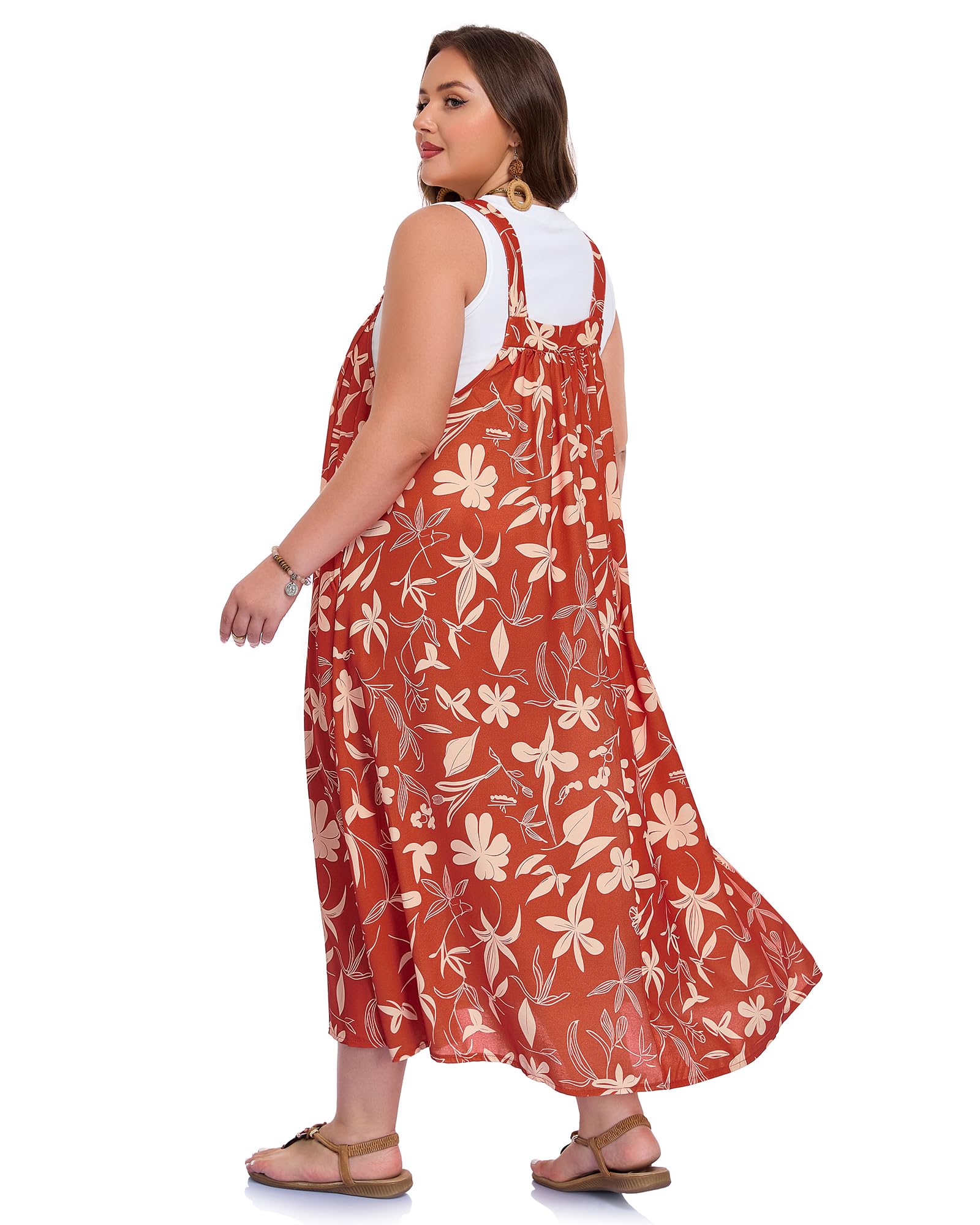 Plus Size Overall Dress Flowy A-Line - Red Yellow Floral, XXL Plus Size Overall Dress Flowy A-Line - Red Yellow Floral, XXL