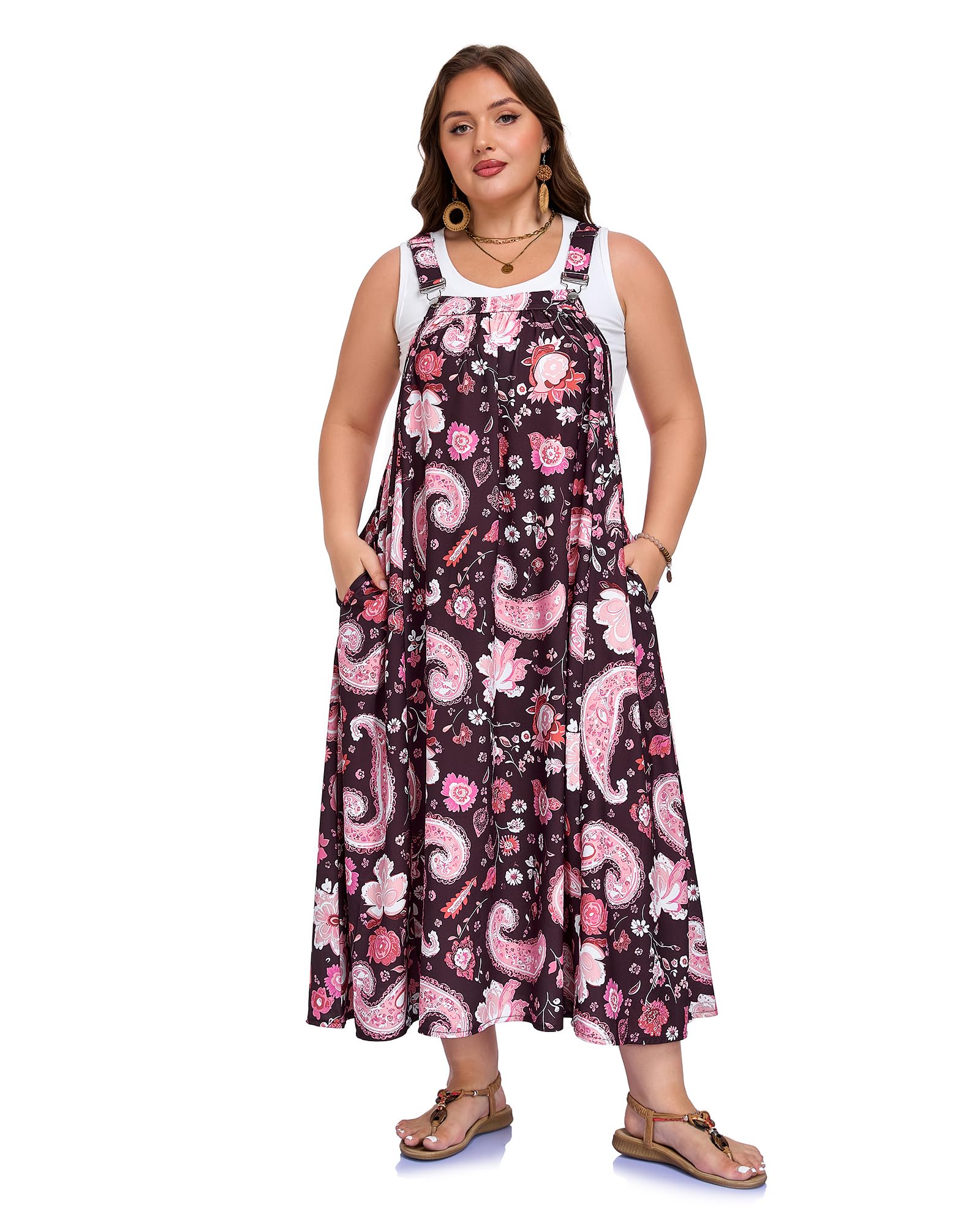 Plus Size Overall Dress Flowy A-Line - Wine Red Paisley