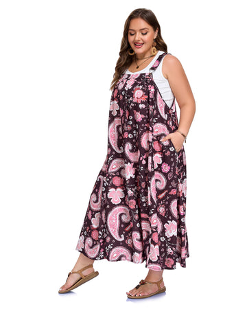 Plus Size Overall Dress Flowy A-Line - Wine Red Paisley