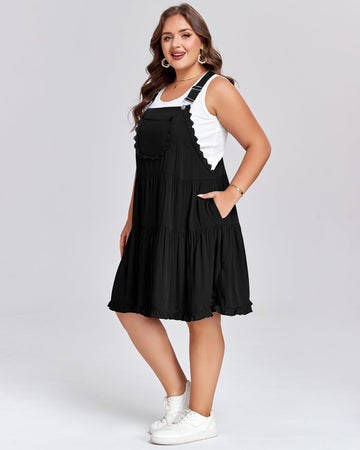 Plus Size Overall Dress Lace Trim Mini Dress - Black