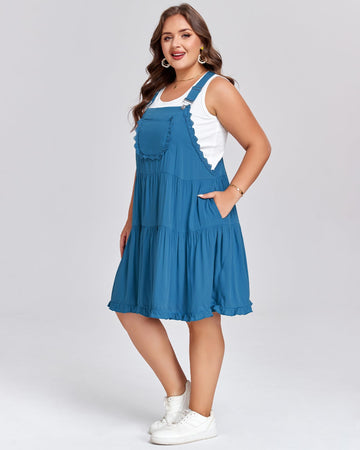 Plus Size Overall Dress Lace Trim Mini Dress - Blue
