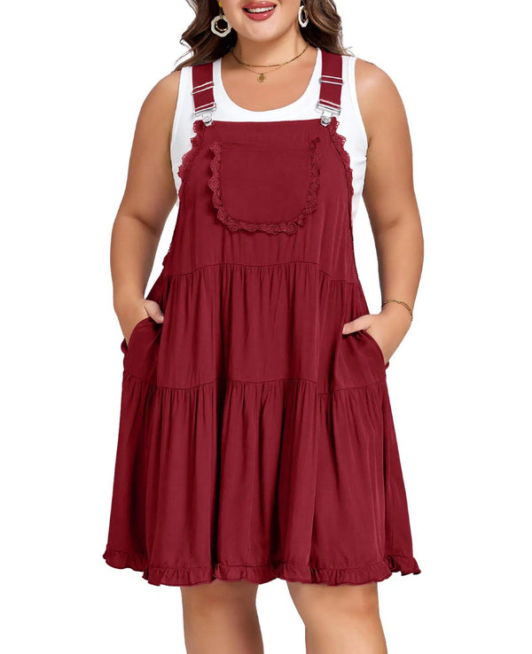 Plus Size Overall Dress Lace Trim Mini Dress - Burgundy