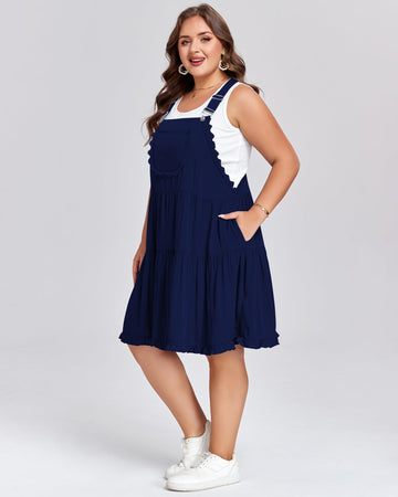 Plus Size Overall Dress Lace Trim Mini Dress - Navy Blue