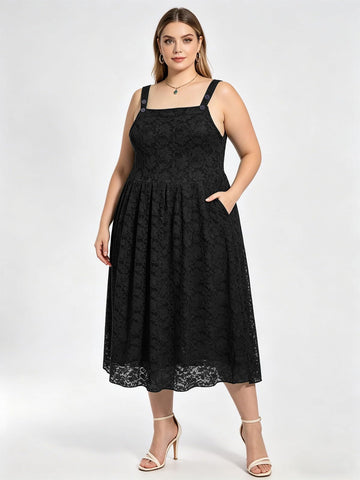 Plus Size Overall Maxi Dress Pleated Lace - Black