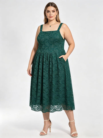 Plus Size Overall Maxi Dress Pleated Lace - Drak Green