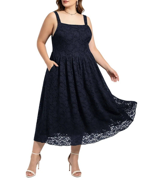 Plus Size Overall Maxi Dress Pleated Lace - Navy Blue