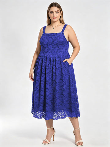 Plus Size Overall Maxi Dress Pleated Lace - Royal Blue, XXL Plus Size Overall Maxi Dress Pleated Lace - Royal Blue, XXL