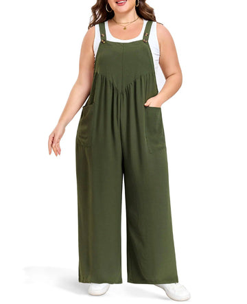 Army green wide-leg plus size overalls with bib front and adjustable shoulder straps