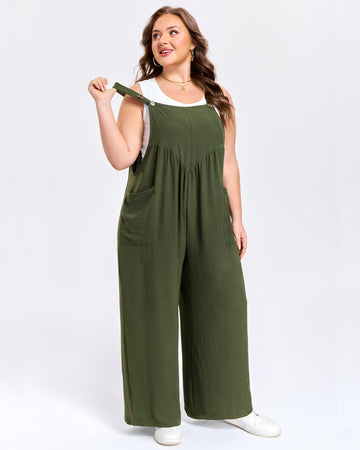 Army green wide-leg overalls with gathered bib waist and adjustable shoulder straps