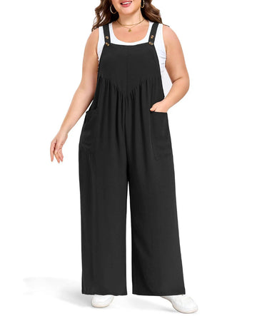 Black wide-leg overalls with adjustable shoulder straps and front bib.