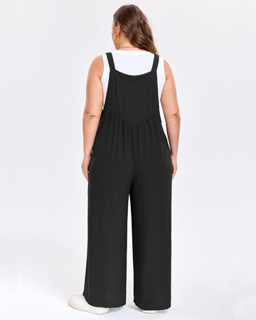 Black wide-leg overalls, sleeveless with adjustable bib and relaxed straight legs.