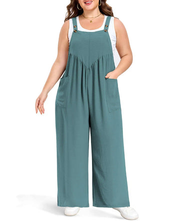Blue-green wide-leg overalls with adjustable shoulder straps and bib front