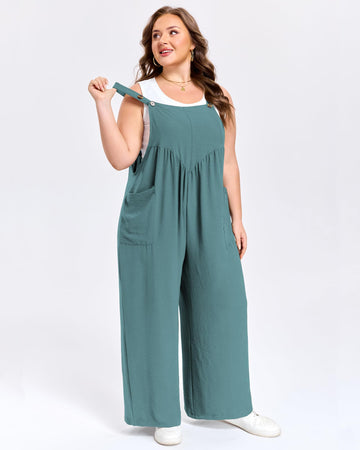 Blue-green wide-leg overalls with square neckline and adjustable shoulder straps