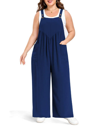 Plus size wide-leg overalls, dark navy bib front with adjustable straps and wide legs