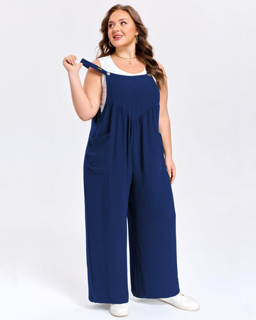 Plus size wide-leg overalls, dark navy sleeveless bib with gathered waist and wide legs