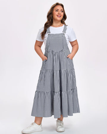 Plus Size Plaid Overall Dress with Pockets - Black