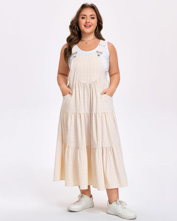 Plus Size Plaid Overall Dress with Pockets - Khaki