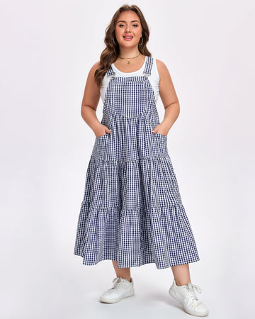 Plus Size Plaid Overall Dress with Pockets - Navy Blue