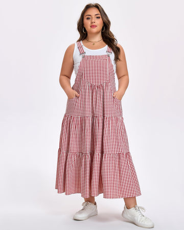 Plus Size Plaid Overall Dress with Pockets - Red
