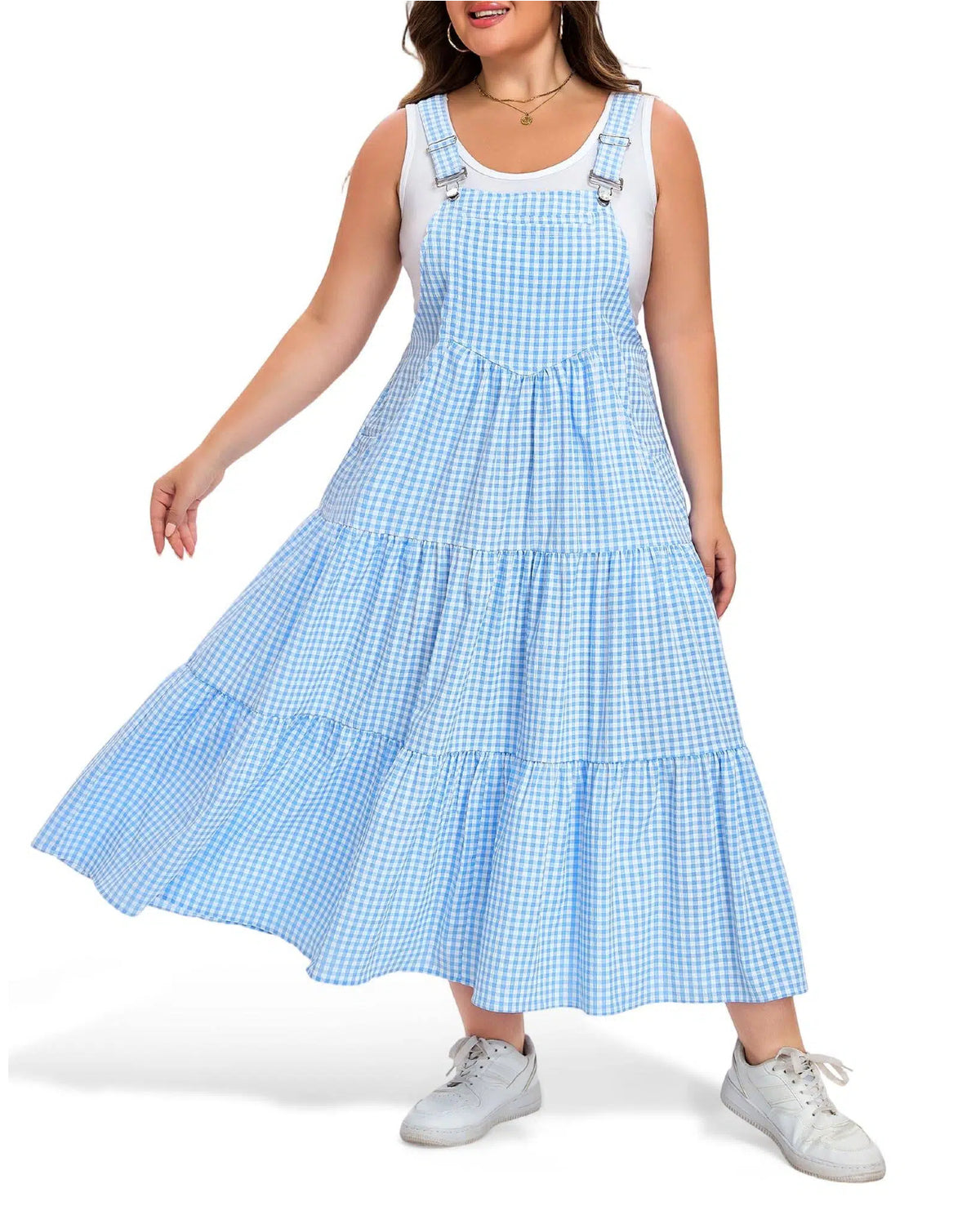 blue plaid dress plus size Overall with Pockets Dresses_X30 Color:Teal Blue a smocked bodice keeps Ombre Royal Blue Flutter