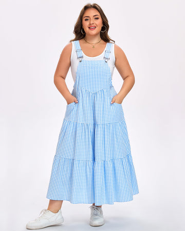 Plus Size Plaid Overall Dress with Pockets - Sky Blue