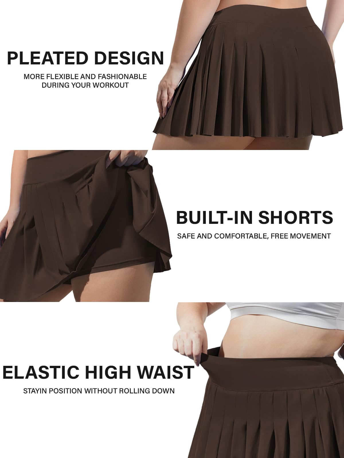 Plus Size Pleated Mini Skirt-Brown | Moon Wood