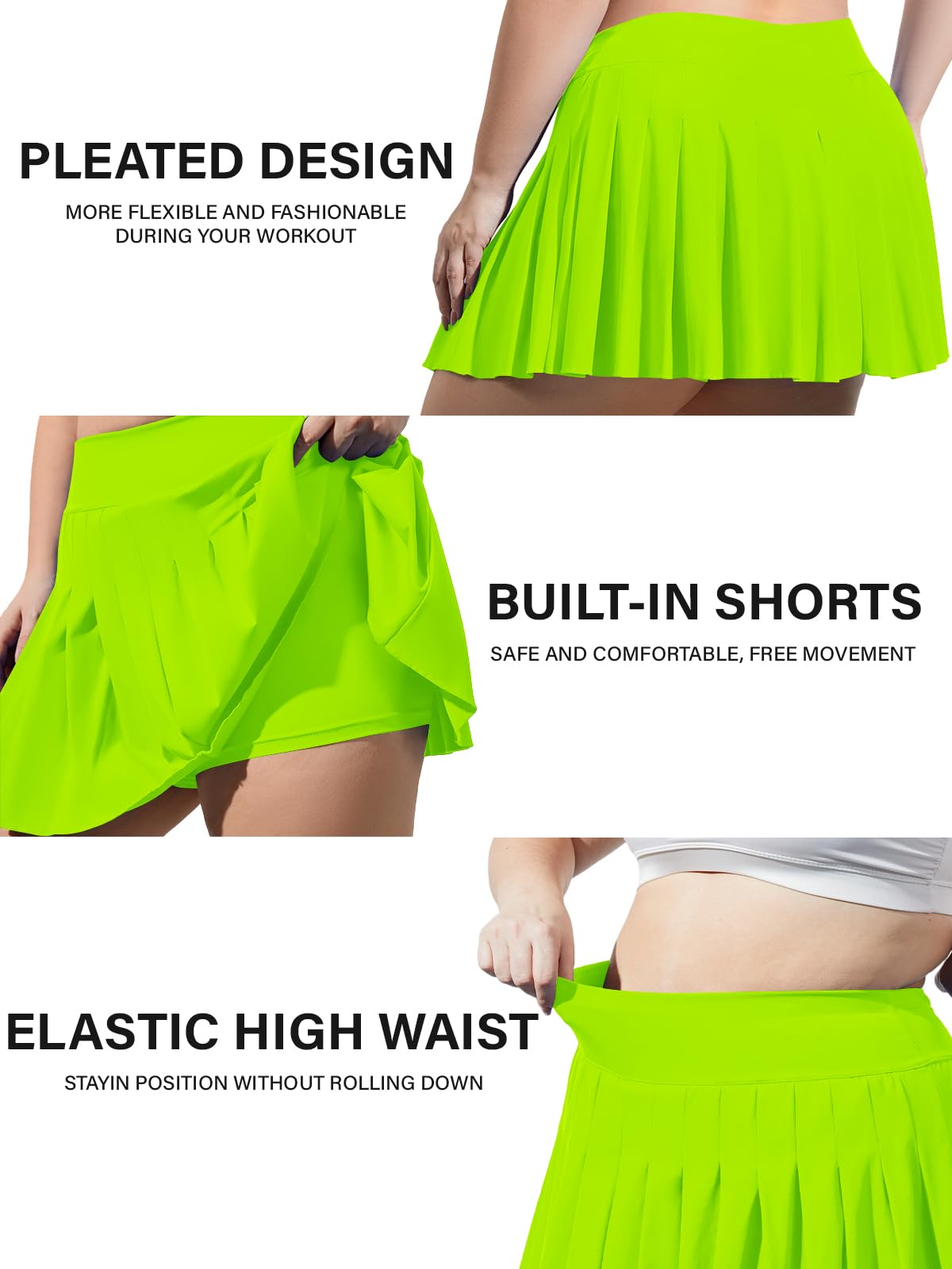 Plus Size Pleated Mini Skirt-Neon Green | Moon Wood