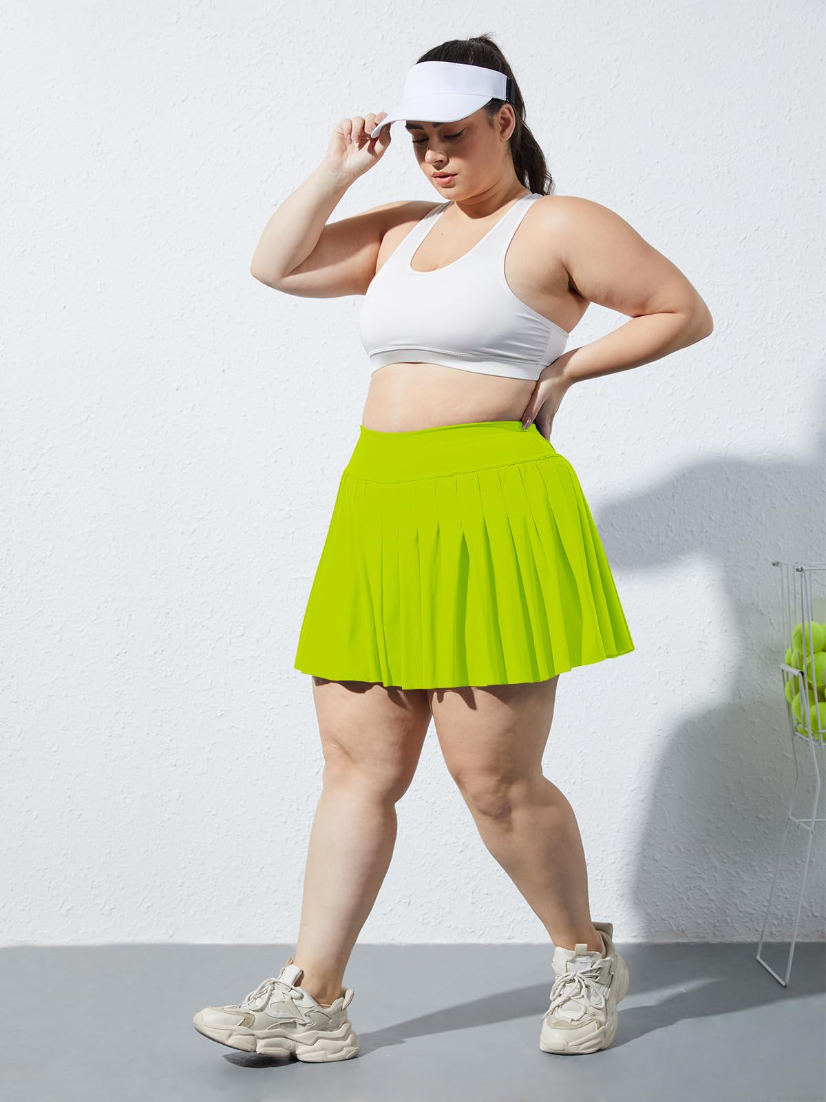 Plus Size Pleated Mini Skirt-Neon Yellow | Moon Wood