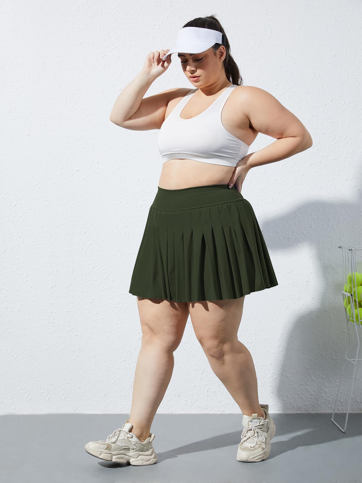Plus Size Pleated Mini Skirt-Olive Green | Moon Wood