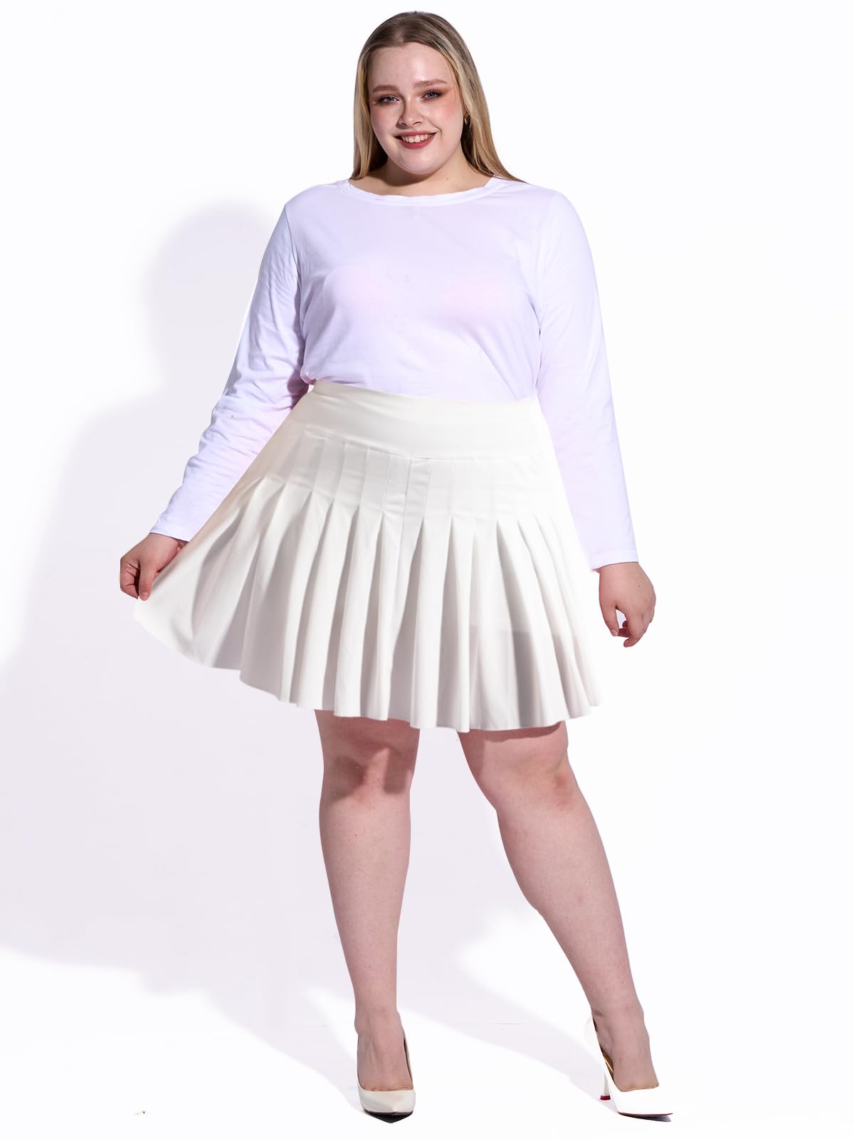 Plus Size Pleated Mini Skirt-White - Moon Wood