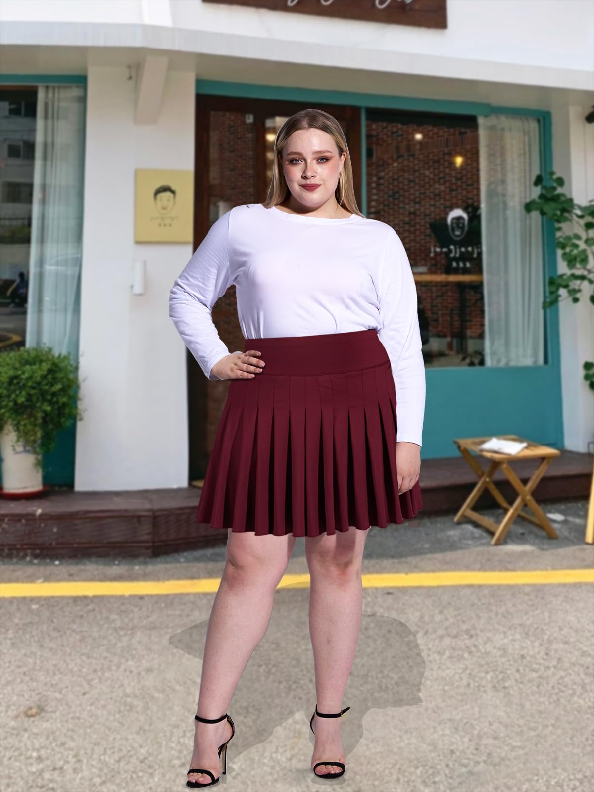 Plus Size Pleated Mini Skirt-Wine Red丨Moon Wood