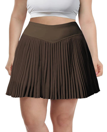 Plus Size Pleated Tennis Skirt with Shorts - Coffee