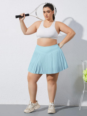 Plus Size Pleated Tennis Skirt with Shorts - Light Blue