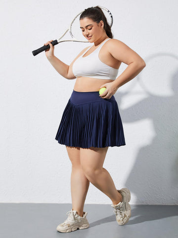 Plus Size Pleated Tennis Skirt with Shorts - Navy