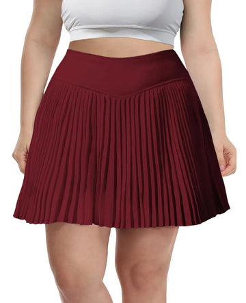 Plus Size Pleated Tennis Skirt with Shorts - Wine Red