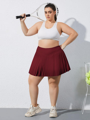 Plus Size Pleated Tennis Skirt with Shorts - Wine Red