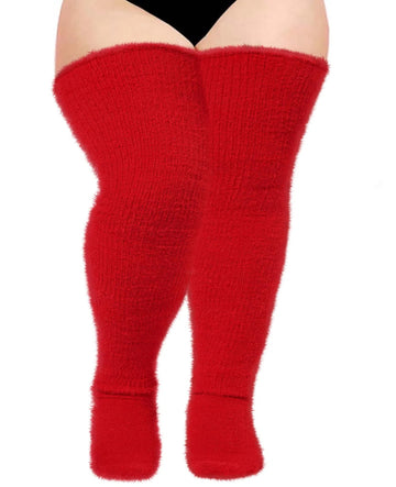 Plus Size Plush Thigh High Socks - Burgundy