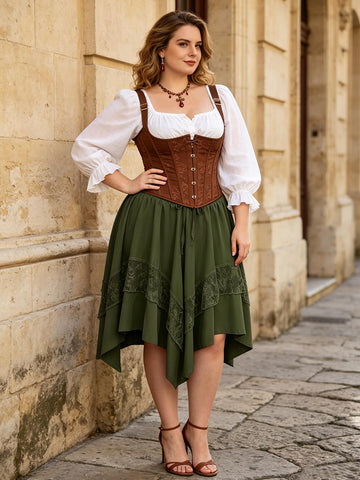 Plus Size Renaissance Skirt Lace Asymmetrical - Army Green