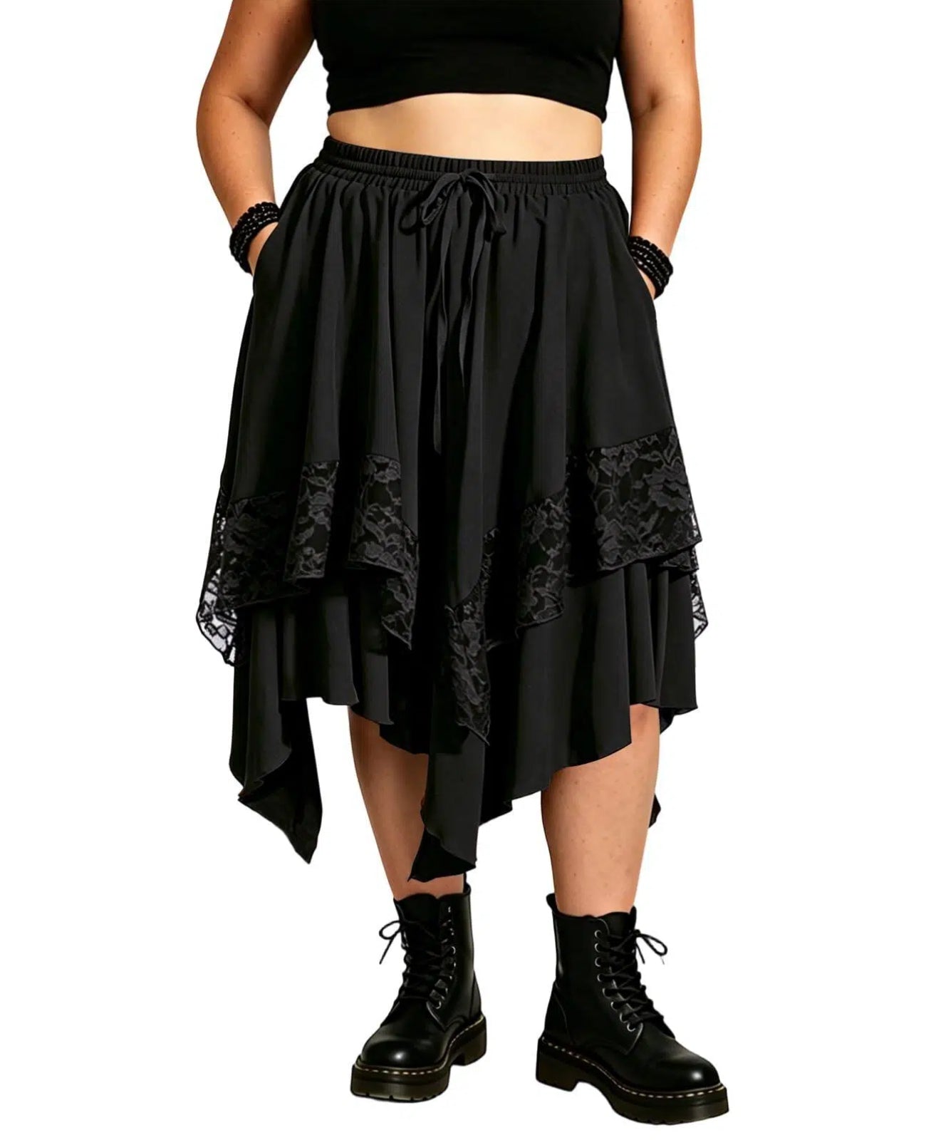 Plus Size Renaissance Skirt Lace Asymmetrical - Black丨Moon Wood