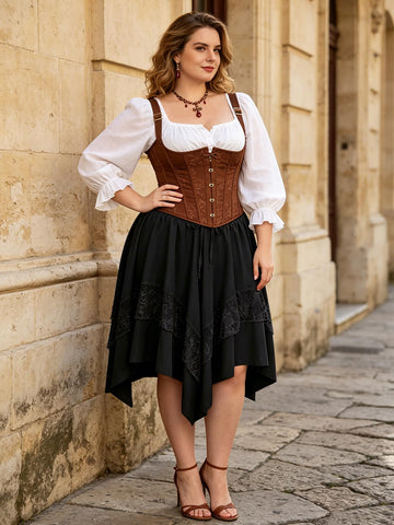 Plus Size Renaissance Skirt Lace Asymmetrical - Black
