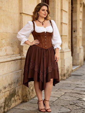 Plus Size Renaissance Skirt Lace Asymmetrical - Brown