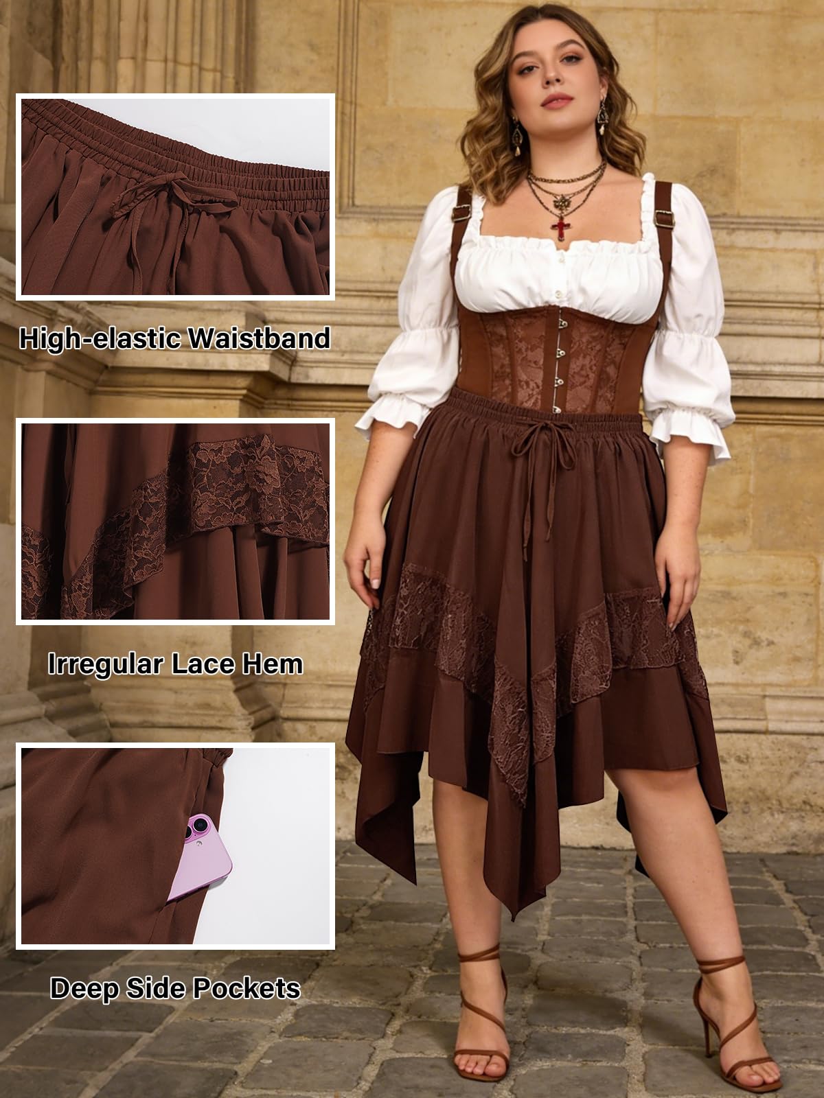 Plus Size Renaissance Skirt Lace Asymmetrical - Brown丨Moon Wood