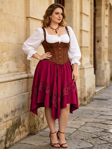 Plus Size Renaissance Skirt Lace Asymmetrical - Wine Red