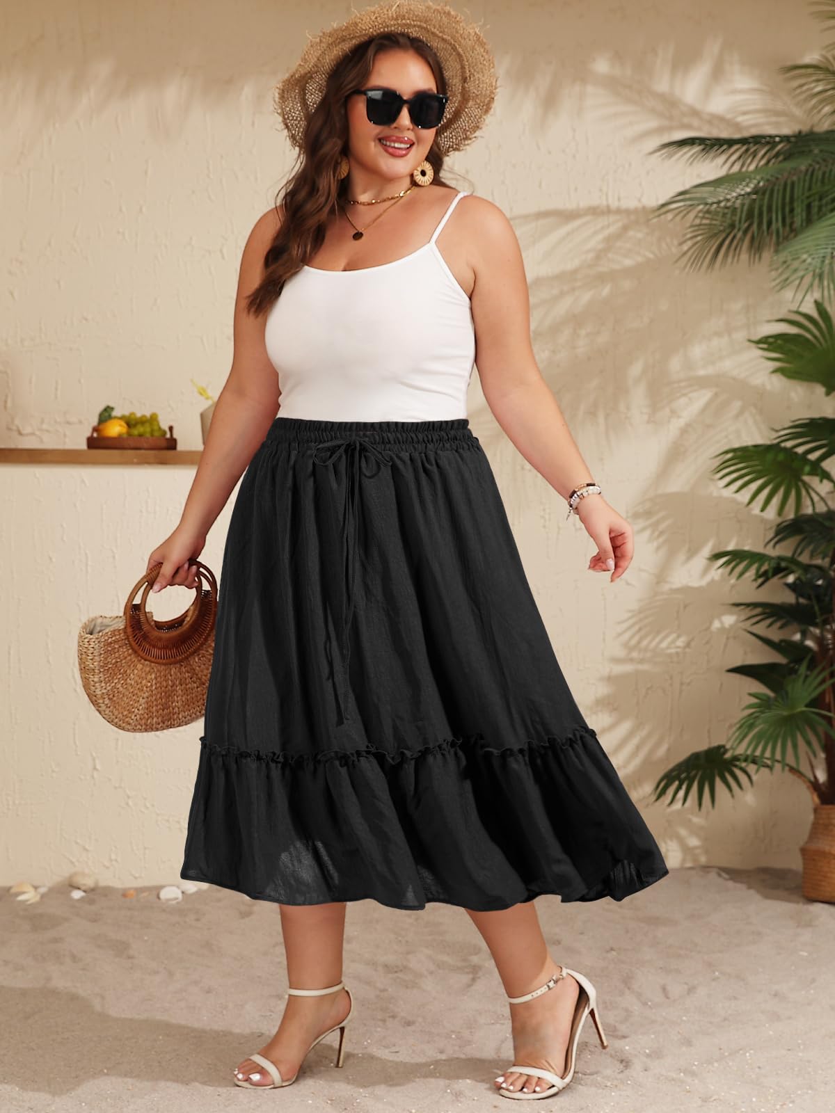 Plus Size Ruffle Midi Skirt with Pockets - Black | Moon Wood
