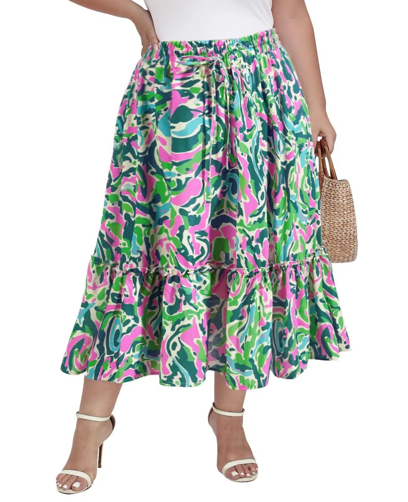 Plus Size Ruffle Midi Skirt with Pockets - Green Pink Painterly-Moon Wood
