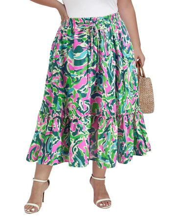 Plus Size Ruffle Midi Skirt with Pockets - Green Pink Painterly-Moon Wood