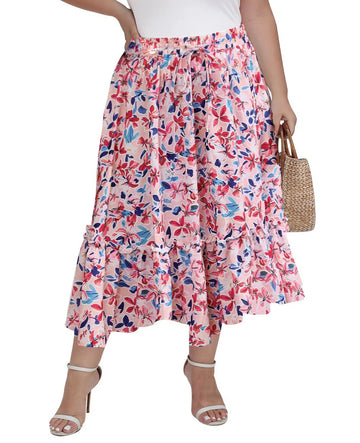 Plus Size Ruffle Midi Skirt with Pockets - Pink Floral-Moon Wood